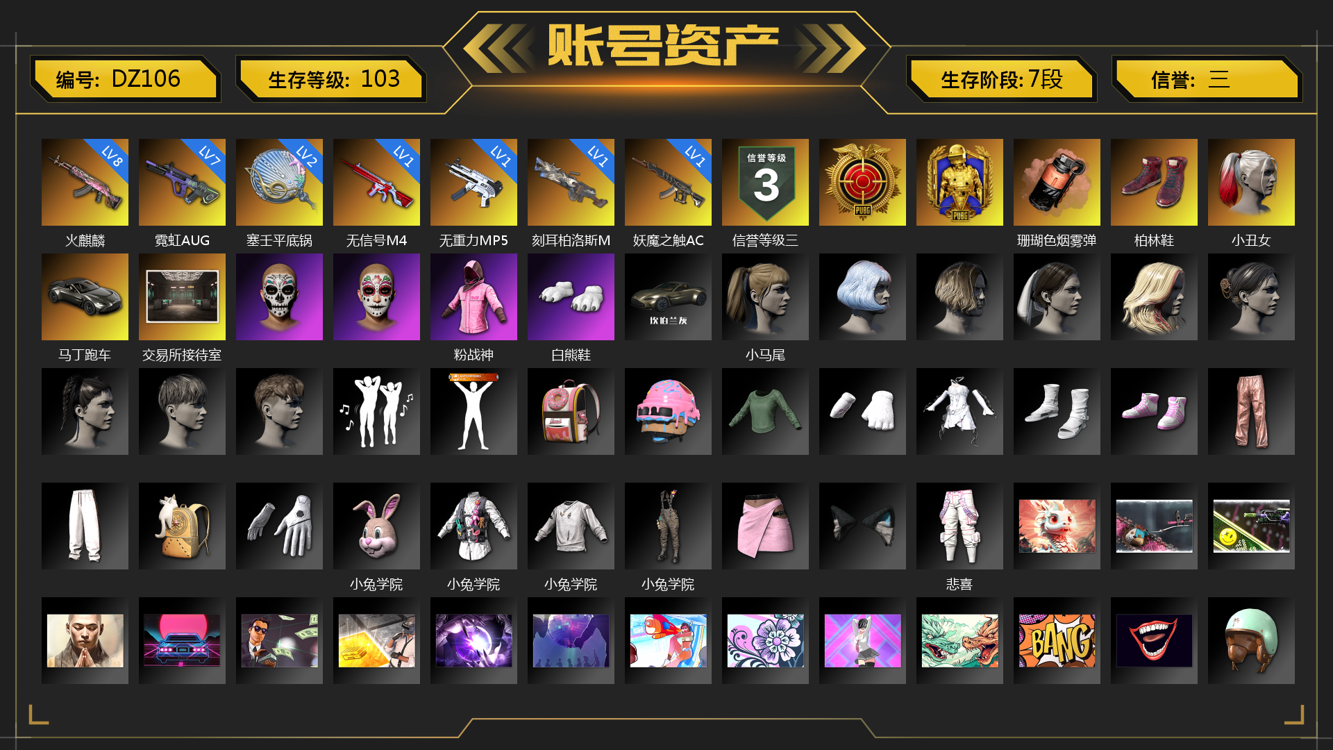 [DZ106]8级火麒麟 7级霓虹AUG 1级无信号M4 1级无重力MP5K 1级刻耳柏洛斯M249 1级妖魔之触ACE 2级塞壬平底锅 珊瑚色烟雾弹 柏林鞋 小丑女 马丁跑车 交易所接待室 粉战神 白熊鞋 小马尾 小兔学院 悲喜 狂野驰骋 - S12K 