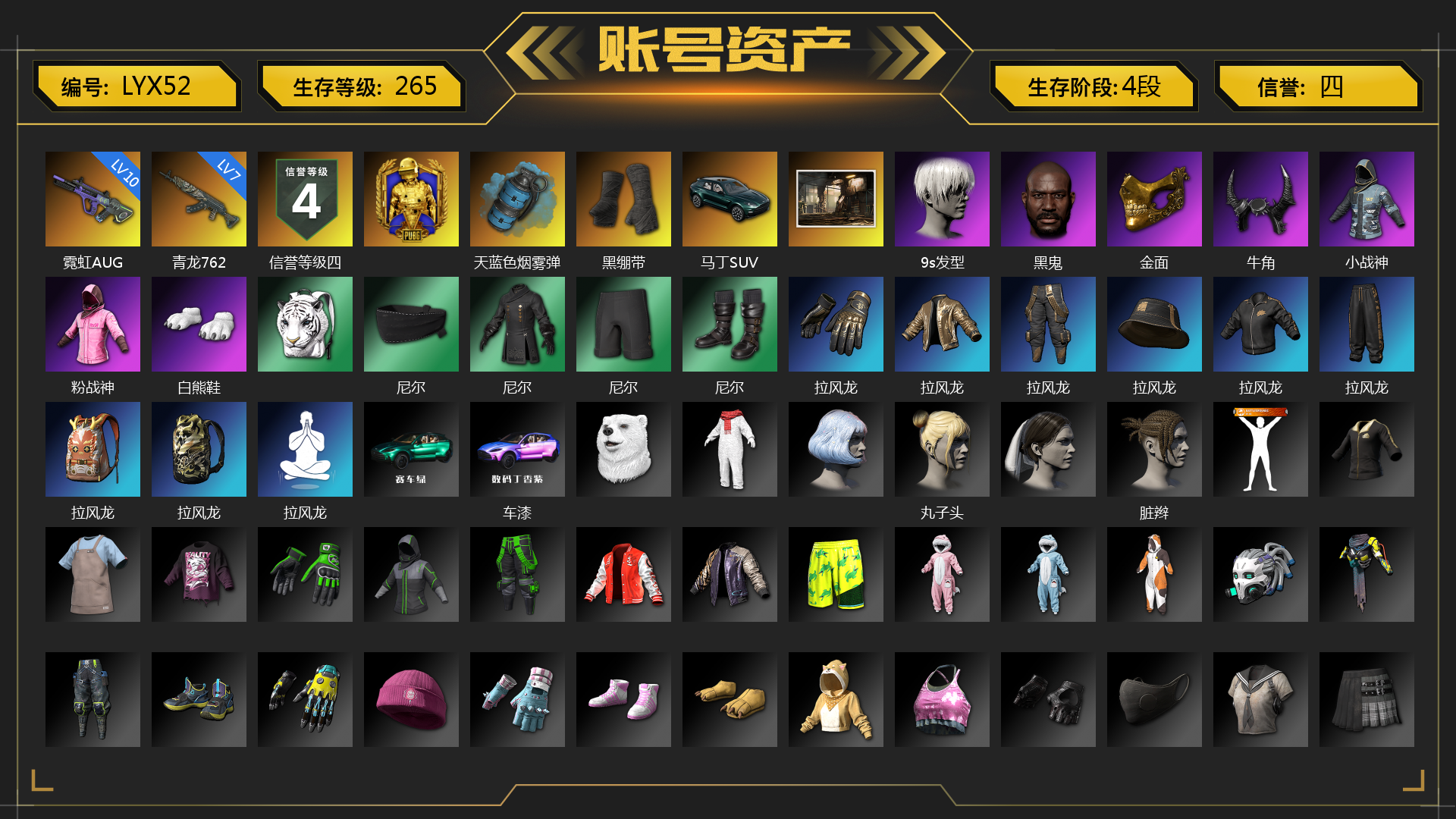[LYX52]10级霓虹AUG 7级青龙762 天蓝色烟雾弹 黑绷带 马丁SUV 9s发型 黑鬼 金面 牛角 小战神 粉战神 白熊鞋 尼尔 拉风龙 车漆 丸子头 脏辫 小兔学院 悲喜 