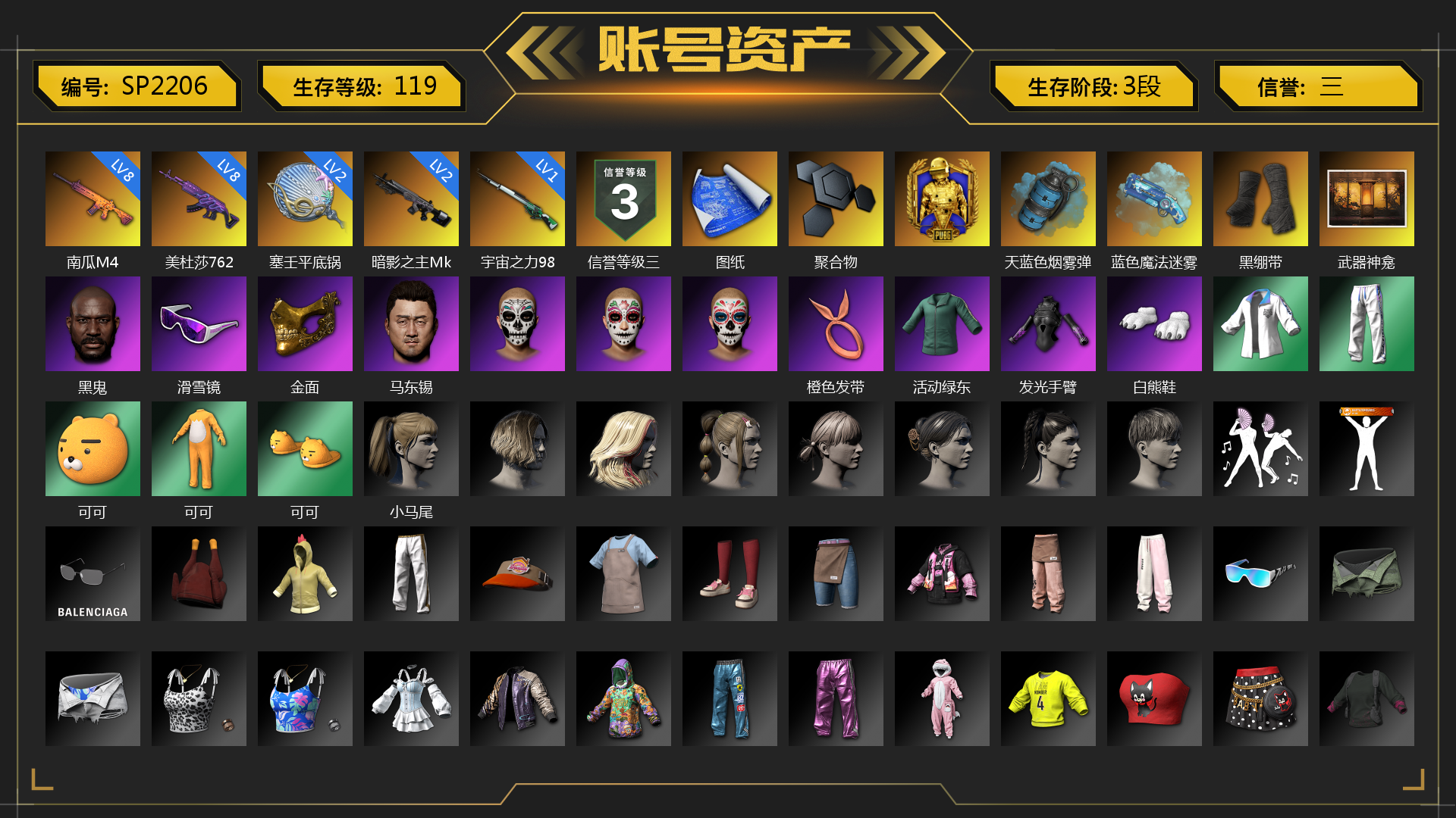 [SP2206]8级南瓜M4 8级美杜莎762 2级暗影之主Mk12 1级宇宙之力98k 2级塞壬平底锅 天蓝色烟雾弹 蓝色魔法迷雾-M79 张图纸 聚合物 黑绷带 武器神龛 黑鬼 滑雪镜 金面 马东锡 橙色发带 活动绿东 发光手臂 白熊鞋 可可 小马尾 滑雪帽 胜利之舞172 