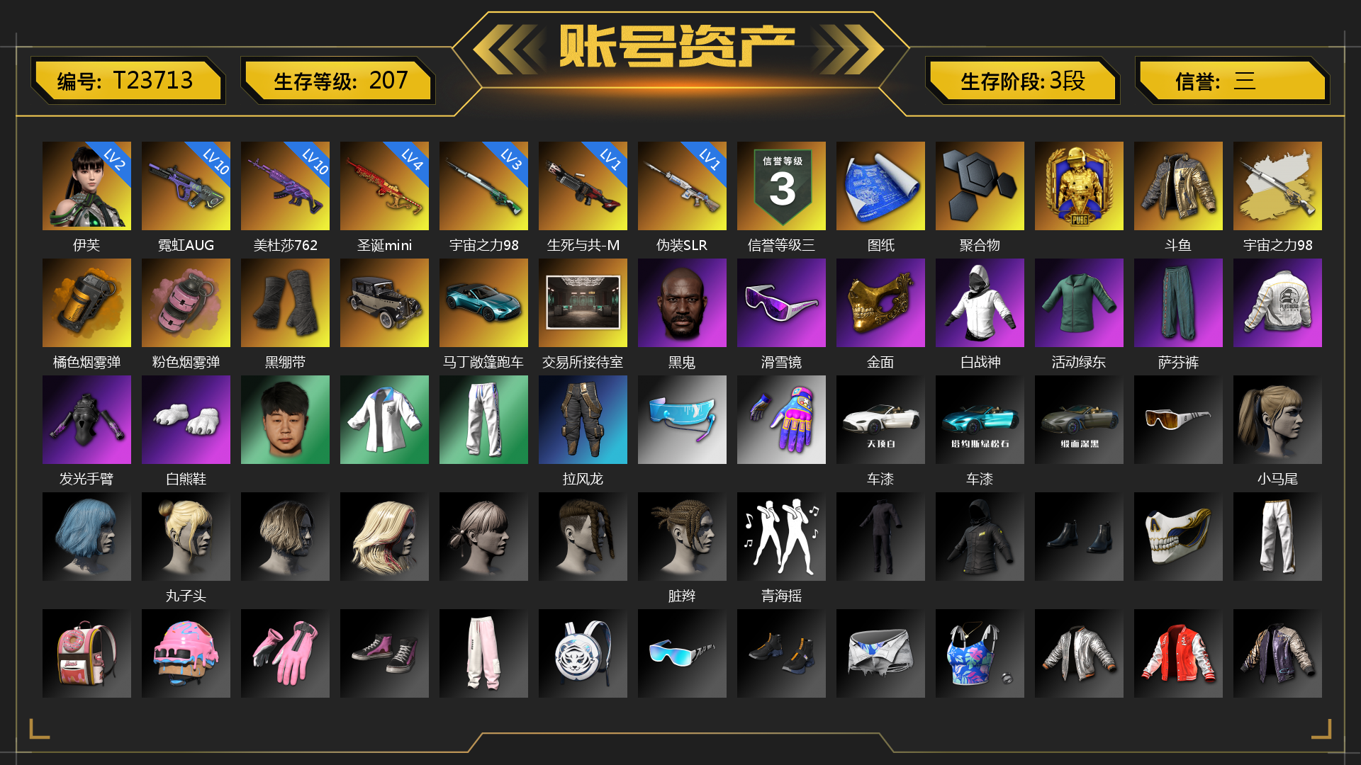 [T23713]斗鱼 2级伊芙 4级圣诞mini 10级霓虹AUG 10级美杜莎762 3级宇宙之力98k 1级生死与共-M249 1级伪装SLR 宇宙之力98k（异色） 橘色烟雾弹 粉色烟雾弹 黑绷带 马丁敞篷跑车 交易所接待室 黑鬼 滑雪镜 金面 白战神 活动绿东 萨芬裤 发光手臂 白熊鞋 聚合物 张图纸 拉风龙 车漆 小马尾 丸子头 脏辫 青海摇 小兔学院 狂野驰骋 - Beryl M762 枪炮洗礼 