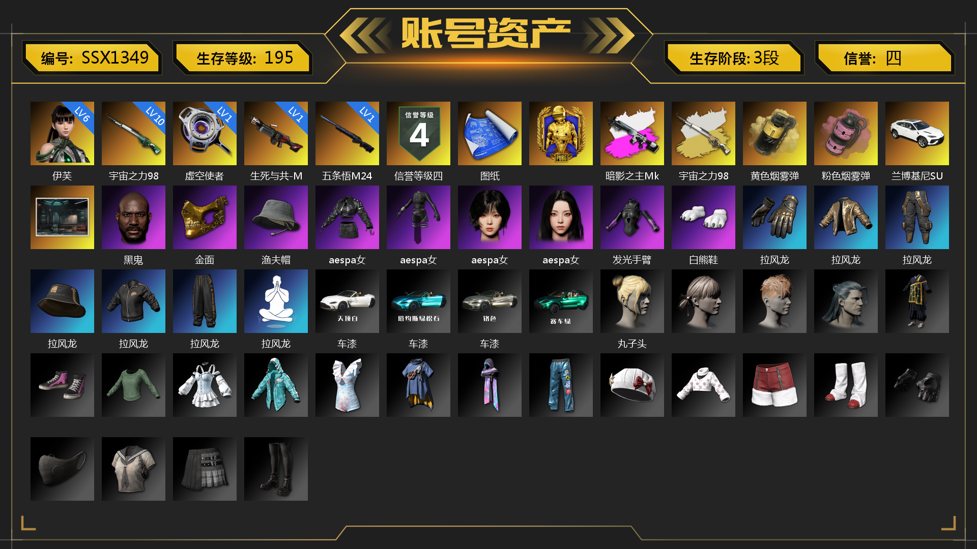 [SSX1349]6级伊芙 10级暗影之主Mk12 1级虚空使者 10级宇宙之力98k 1级生死与共-M249 1级五条悟M24 暗影之主Mk12（异色） 宇宙之力98k（异色） 黄色烟雾弹 粉色烟雾弹 兰博基尼SUV 马丁敞篷跑车 马丁SUV 黑鬼 金面 渔夫帽 aespa女团 发光手臂 白熊鞋 拉风龙 车漆 丸子头 小兔学院 狂野驰骋 - 汤姆逊冲锋枪 