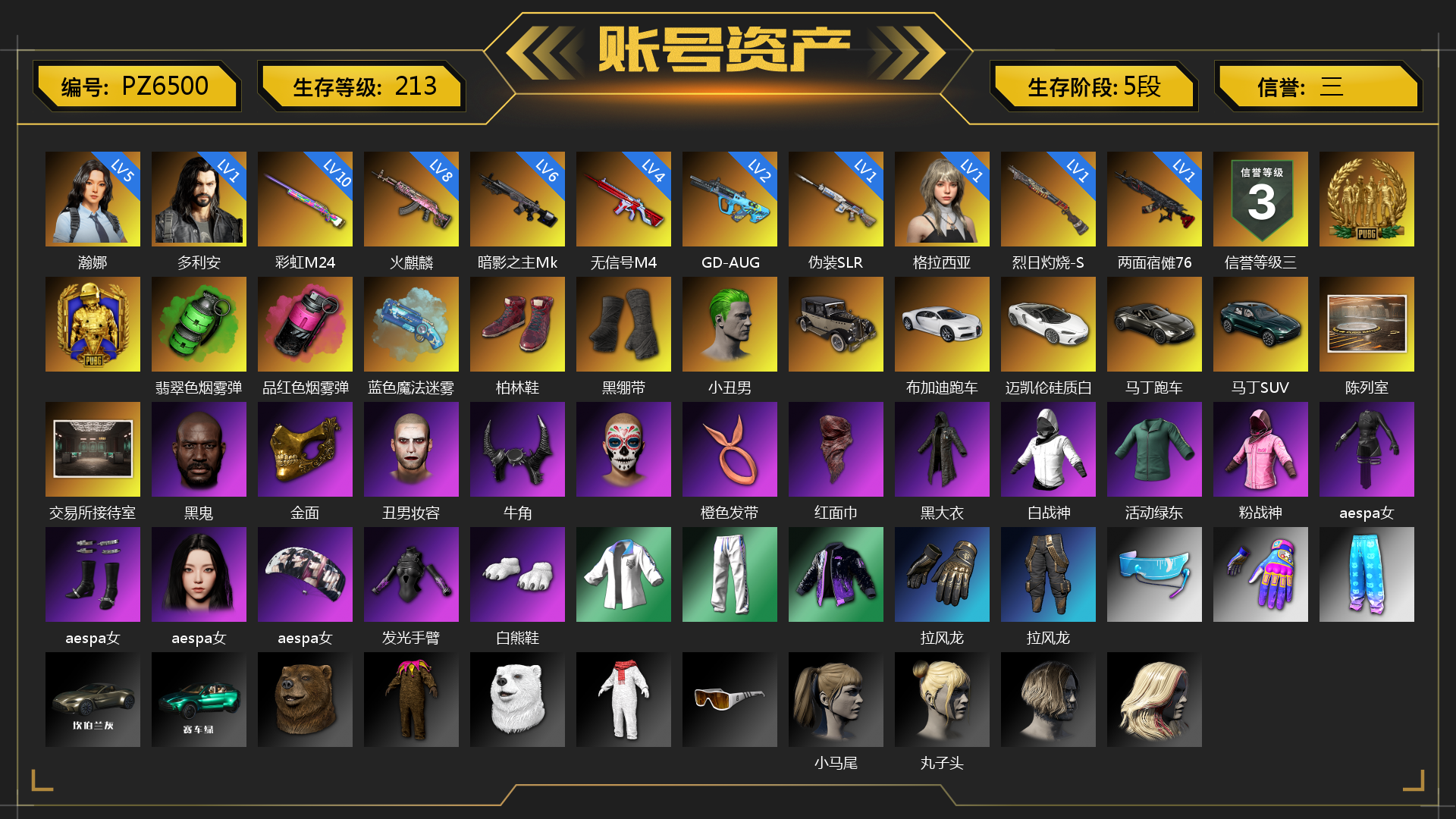 [PZ6500]5级瀚娜 1级多利安 1级格拉西亚 8级火麒麟 10级彩虹M24 4级无信号M4 1级烈日灼烧-S1897 2级GD-AUG 6级暗影之主Mk12 1级伪装SLR 1级两面宿傩762 翡翠色烟雾弹 品红色烟雾弹 蓝色魔法迷雾-M79 柏林鞋 黑绷带 小丑男 布加迪跑车 迈凯伦硅质白版 马丁跑车 马丁SUV 陈列室 交易所接待室 黑鬼 金面 丑男妆容 牛角 橙色发带 红面巾 黑大衣 白战神 活动绿东 小叮当 粉战神 aespa女团 发光手臂 白熊鞋 拉风龙 小马尾 丸子头 脏辫 青海摇 车漆 小兔学院 悲喜 狂野驰骋 - Beryl M762 狂野驰骋 - S12K 胜利之舞39 枪炮洗礼 