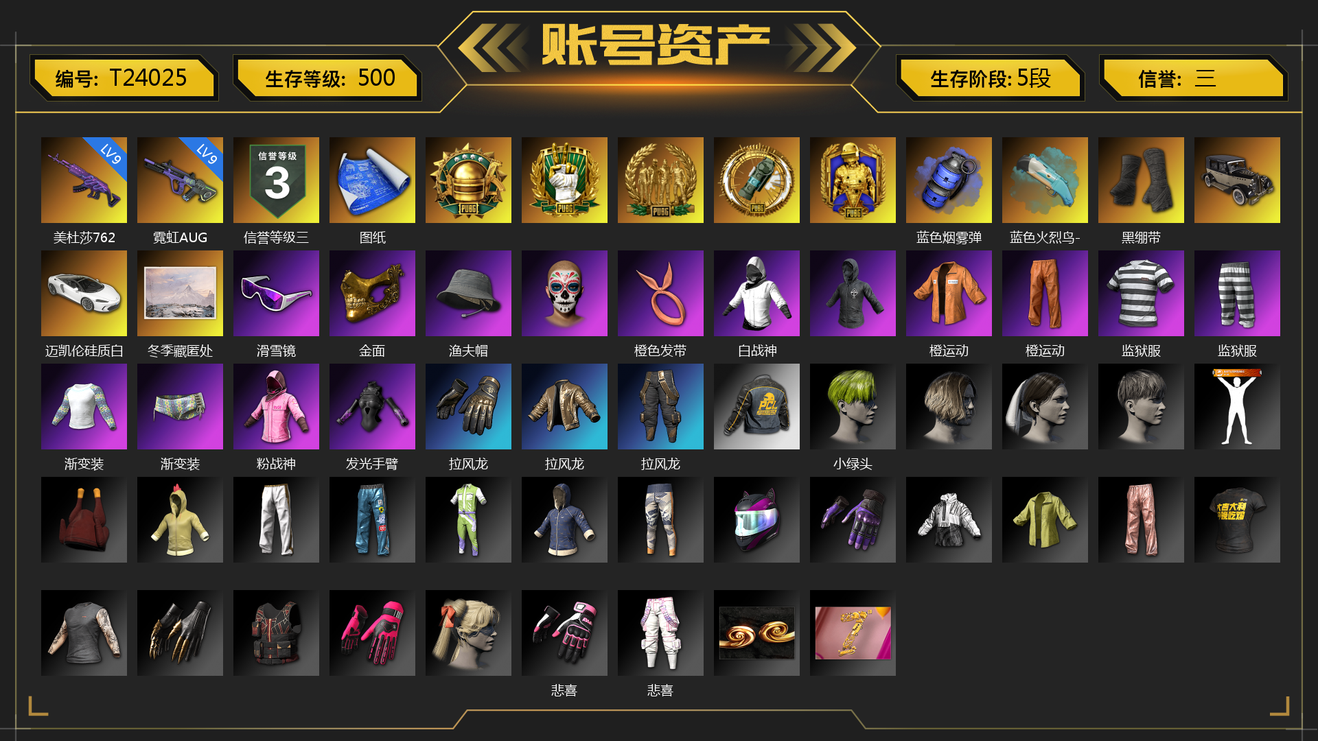 [T24025]收割者金标 9级霓虹AUG 9级美杜莎762 蓝色烟雾弹 蓝色火烈鸟-M79 张图纸 黑绷带 迈凯伦硅质白版 冬季藏匿处 滑雪镜 金面 渔夫帽 橙色发带 白战神 活动绿东 橙运动 监狱服 渐变装 粉战神 发光手臂 拉风龙 小绿头 悲喜 西游记 战术撤离背包（3级） 胜利之舞172 
