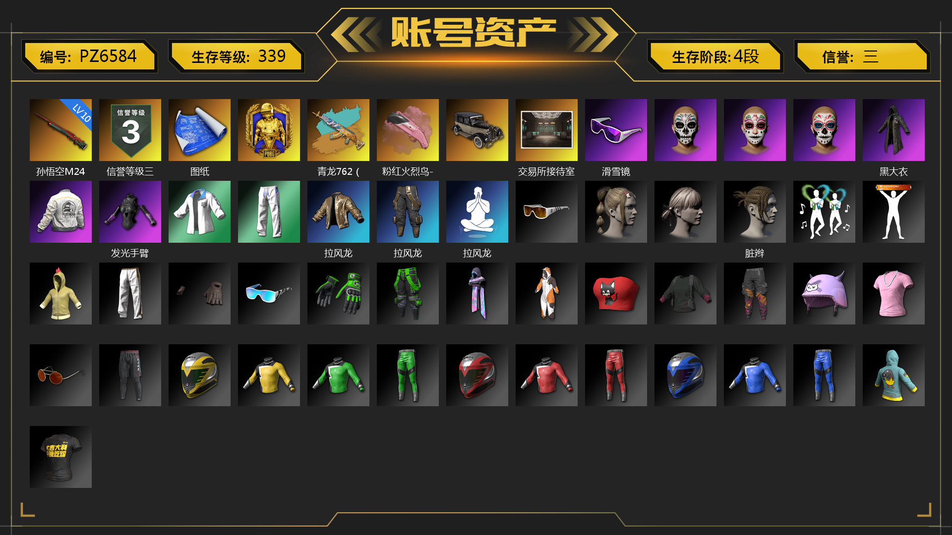 [PZ6584]10级青龙762 10级孙悟空M24 青龙762（异色） 蓝色烟雾弹 黄色狂怒之雾-M79 粉红火烈鸟-M79 张图纸 柏林鞋 交易所接待室 滑雪镜 金面 红面巾 黑大衣 发光手臂 拉风龙 脏辫 西游记 PGC 2021套装 