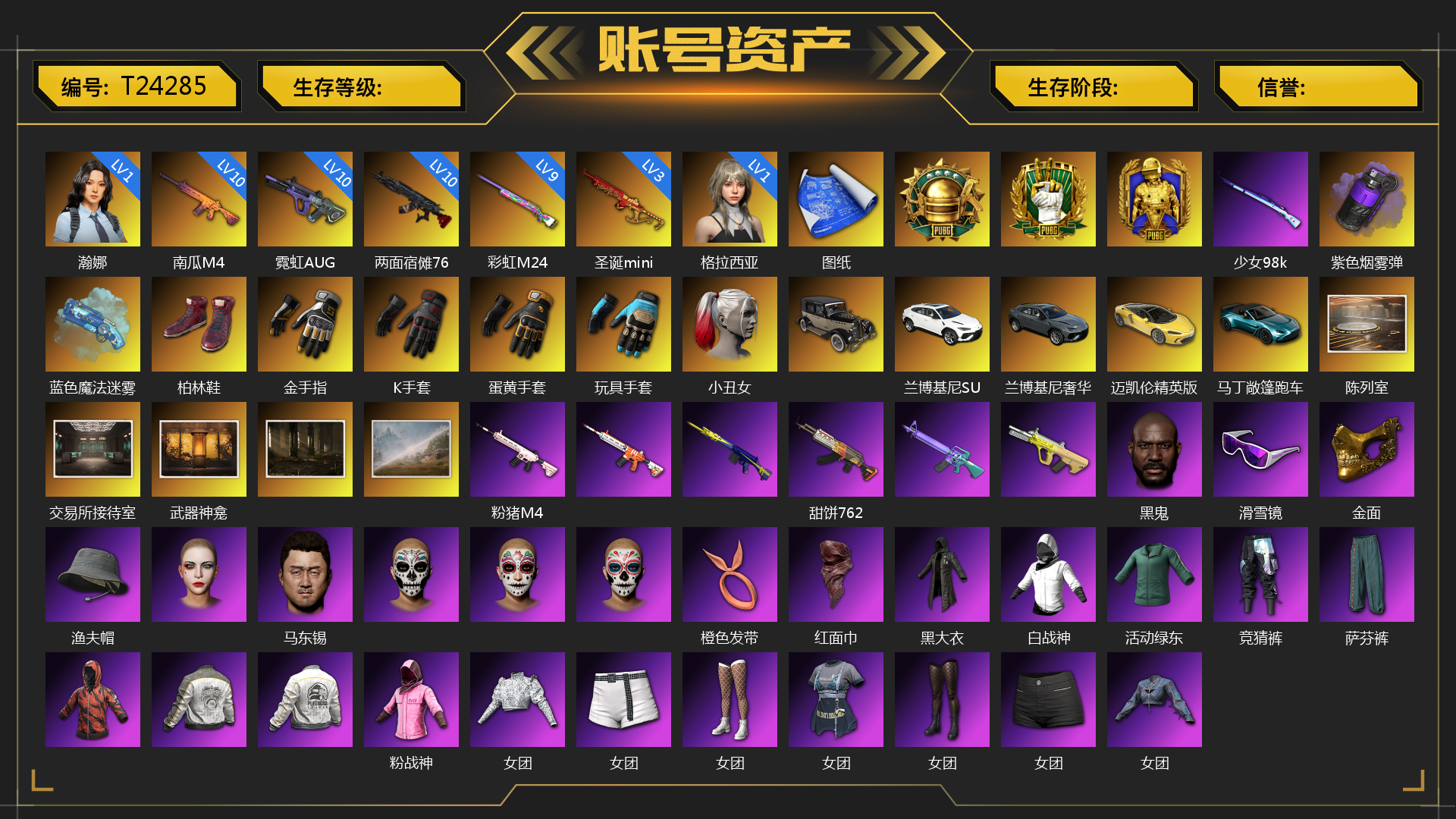 [T24285]1级瀚娜 1级格拉西亚 10级霓虹AUG 10级南瓜M4 10级两面宿傩762 9级彩虹M24 3级圣诞mini 紫色烟雾弹 蓝色魔法迷雾-M79 张图纸 柏林鞋 金手指 K手套 蛋黄手套 玩具手套 小丑女 兰博基尼SUV 兰博基尼奢华版 迈凯伦精英版 马丁敞篷跑车 马丁SUV 杜卡迪纯净黑 陈列室 交易所接待室 武器神龛 少女98k 粉猪M4 甜饼762 黑鬼 滑雪镜 金面 渔夫帽 马东锡 橙色发带 红面巾 黑大衣 白战神 活动绿东 竞猜裤 萨芬裤 粉战神 女团 2024女团 aespa女团 发光手臂 白熊鞋 17shou 的兽纹面具 17shou 的萌兽运动裤 拉风龙 车漆 小马尾 小绿头 粉头 丸子头 西游记 脏辫 青海摇 小兔学院 悲喜 滑雪帽 PGC 2021套装 胜利之舞39 枪炮洗礼 胜利之舞172 