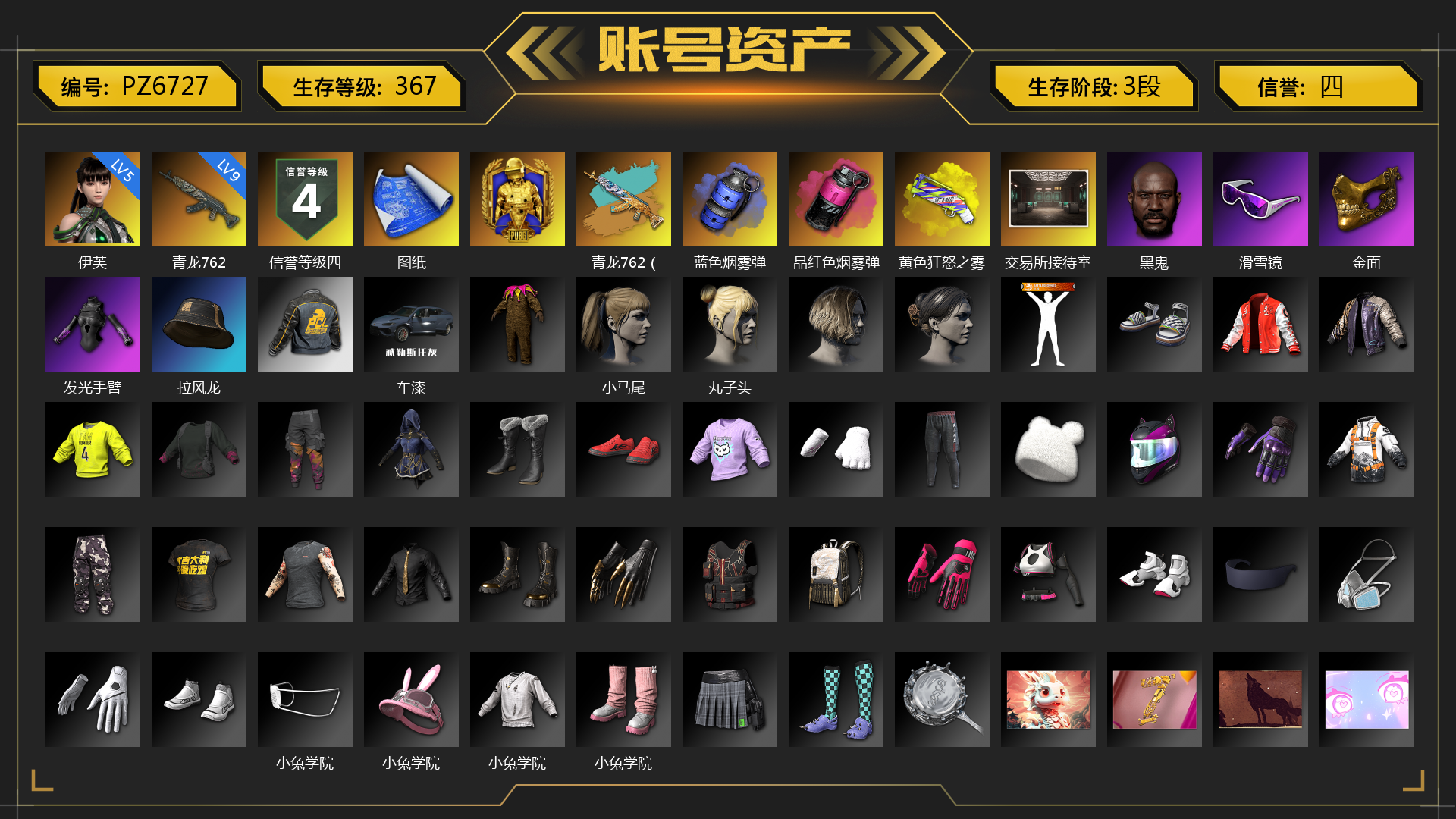 [PZ6727]5级伊芙 9级青龙762 青龙762（异色） 蓝色烟雾弹 品红色烟雾弹 黄色狂怒之雾-M79 交易所接待室 黑鬼 滑雪镜 金面 发光手臂 拉风龙 车漆 小马尾 丸子头 小兔学院 西游记 胜利之舞172 