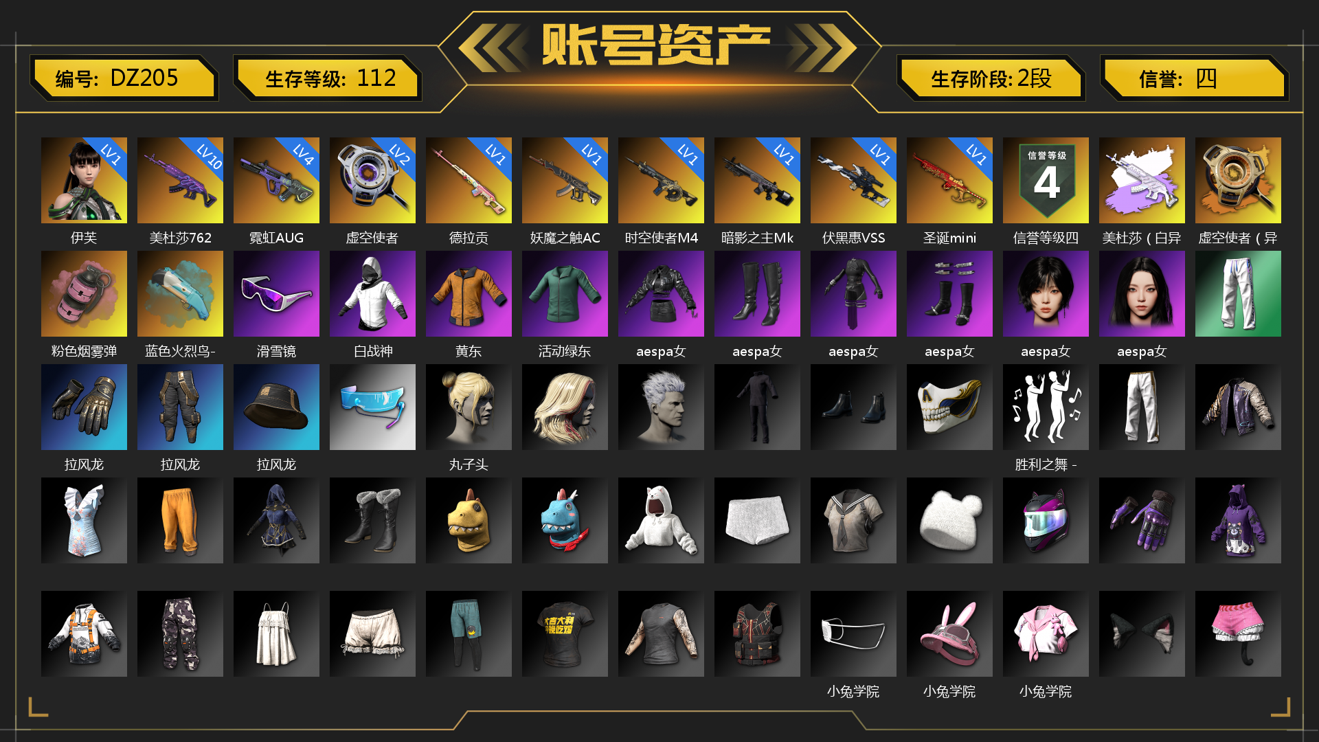 [DZ205]1级伊芙 1级圣诞mini 4级霓虹AUG 1级德拉贡 10级美杜莎762 1级妖魔之触ACE 1级时空使者M4 1级暗影之主Mk12 2级虚空使者 1级伏黑惠VSS 美杜莎（白异色） 虚空使者（异色） 粉色烟雾弹 蓝色火烈鸟-M79 滑雪镜 白战神 黄东 活动绿东 aespa女团 拉风龙 丸子头 胜利之舞 - 17shou's 表演时刻 小兔学院 都市萌宠降落伞 赏金行动降落伞 时髦贵宾长靴 战术撤离背包（3级） 即刻出发 - 头盔（2级） 叛逆尖锋面具 克洛芙面具 霍斯顿面具 钱恩斯面具 时髦贵宾上衣 午夜执事夹克 大花袄 赤面护卫长裤与短靴 时髦贵宾超短裙 碎花裤 “碎石者”双人越野车 胜利之舞172 胜利之舞173 等等！等等！ 绝妙逃脱 